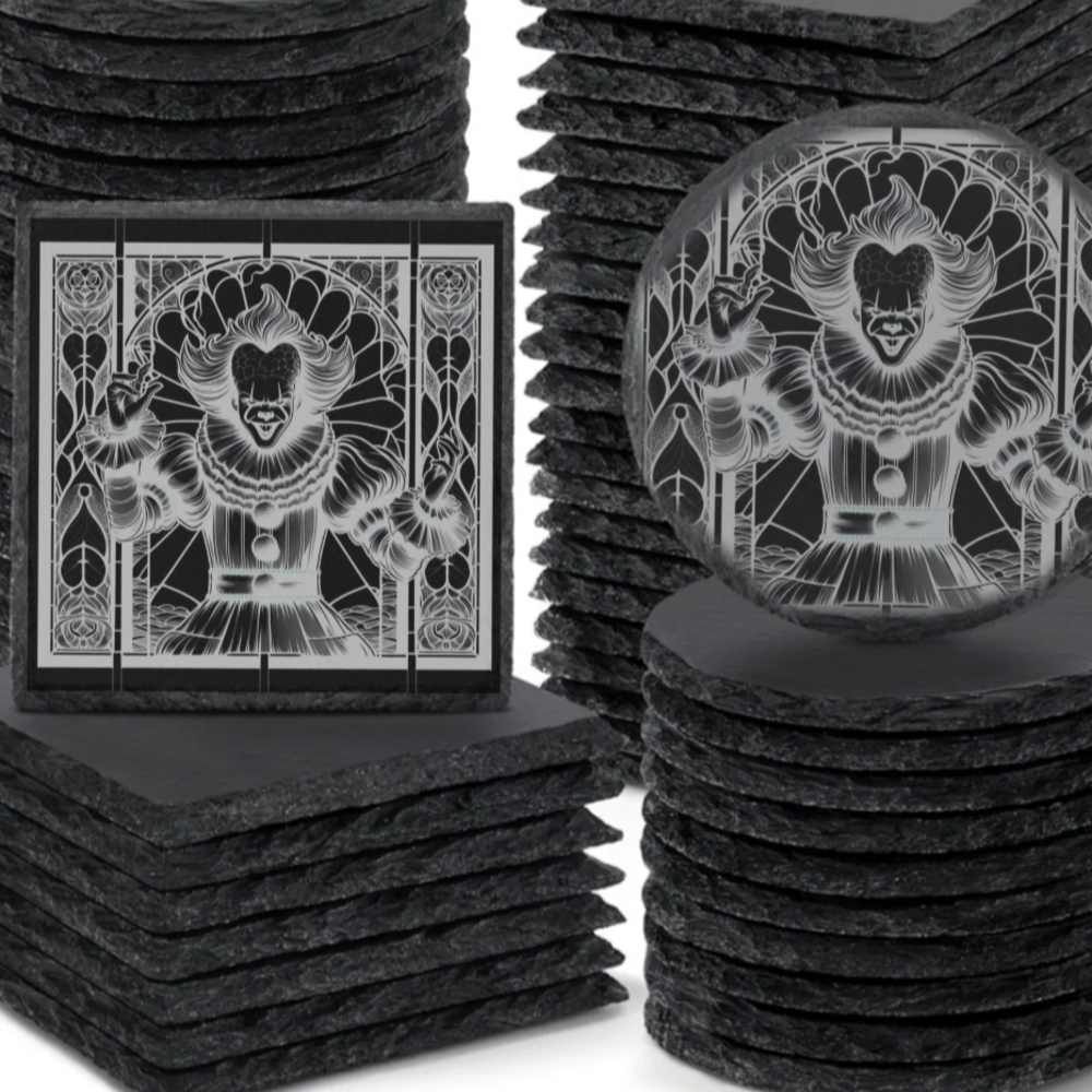 Black Slate Coasters with Clown Design